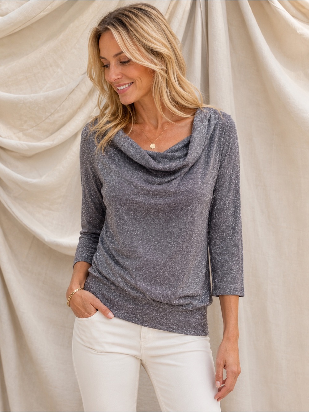 Sunny Leigh Shimmering Gray Drape Neck Top